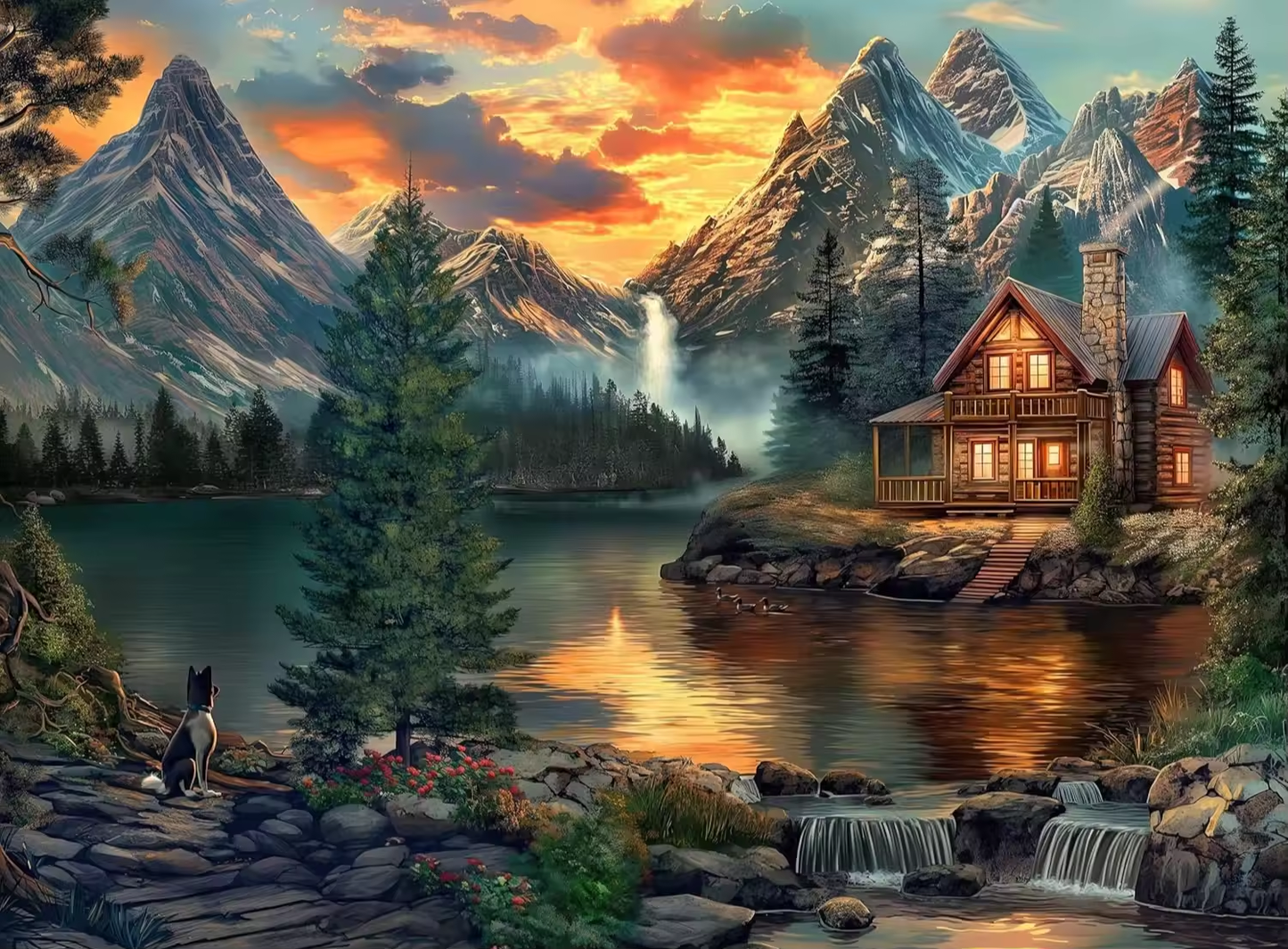 Mountain Cabin by a Lake - 1000 Pieces Jigsaw Puzzle