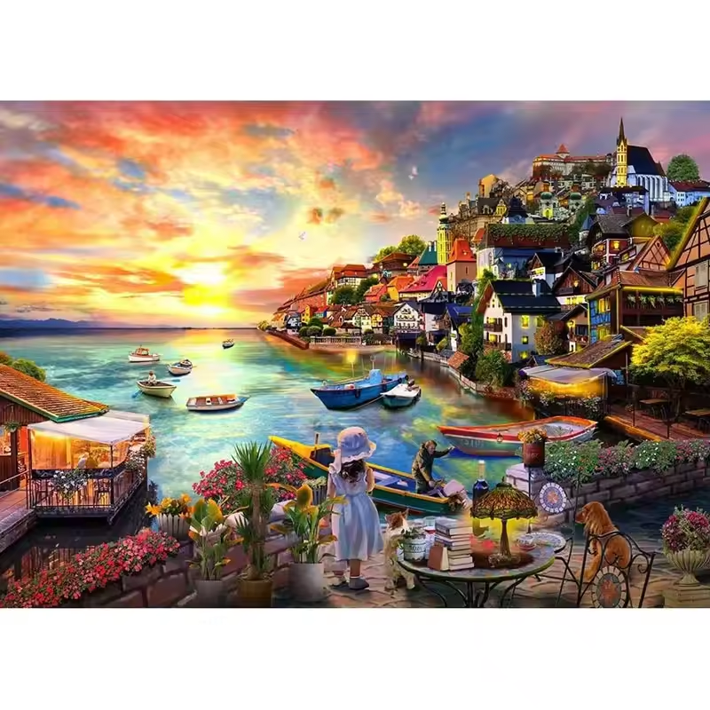 Coastal Village Sunset - 1000 Piece Jigsaw Puzzle